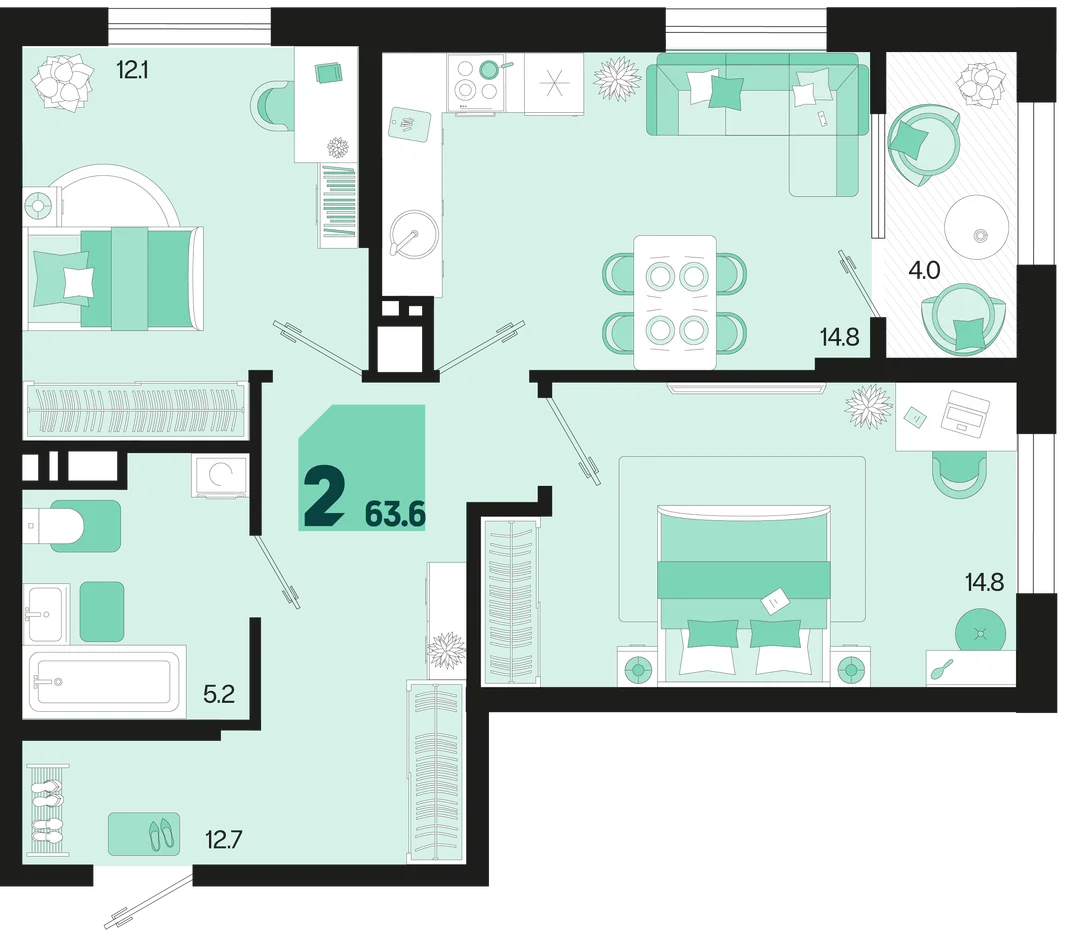 Планировка 2-комн. квартира, 63.6 м² ЖК «Первое место»