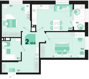 Планировка 2-комн. квартира, 63.6 м² ЖК «Первое место»
