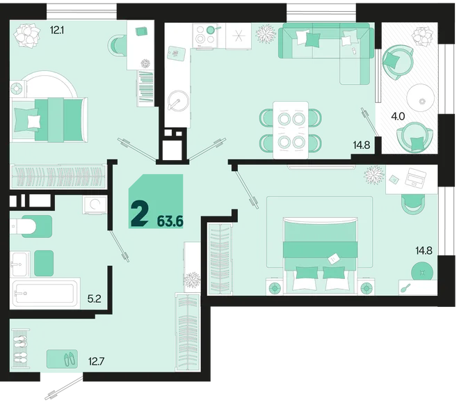 Планировка 2-комн. квартира, 63.6 м² ЖК «Первое место» Планировка 2-комн. квартира, 63.6 м² ЖК «Первое место»