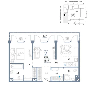 Планировка 2-комн. квартира, 57.07 м² ЖК «Страна.Озёрная»