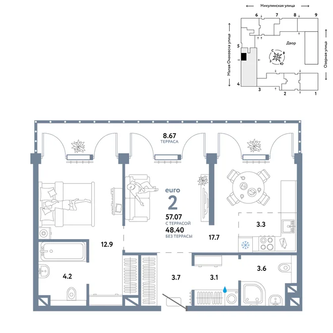 Планировка 2-комн. квартира, 57.07 м² ЖК «Страна.Озёрная» Планировка 2-комн. квартира, 57.07 м² ЖК «Страна.Озёрная»