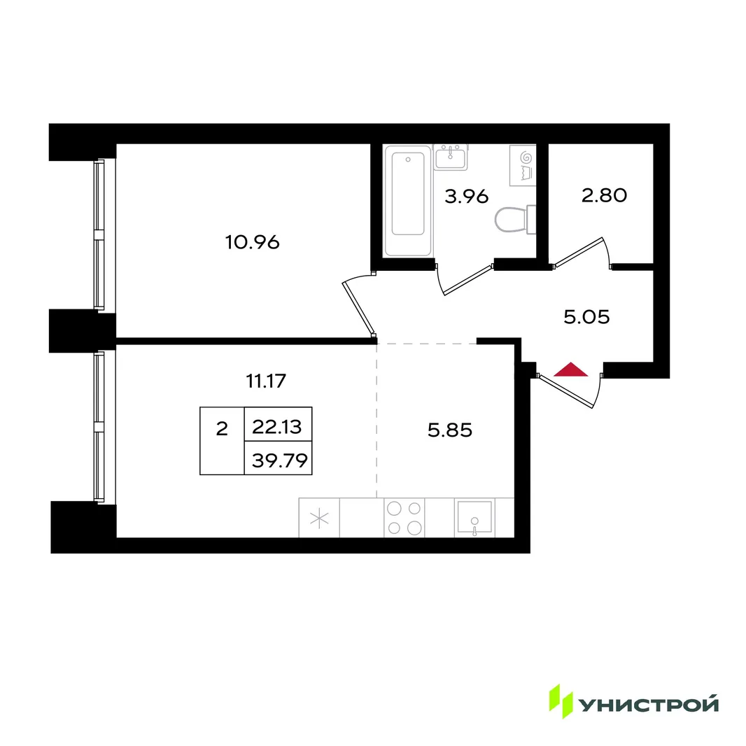 Планировка 2-комн. квартира, 39.8 м² ЖК «Уникум на Энгельса»