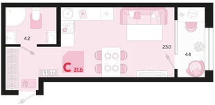 Планировка Студия, 31.6 м² ЖК «Первое место»