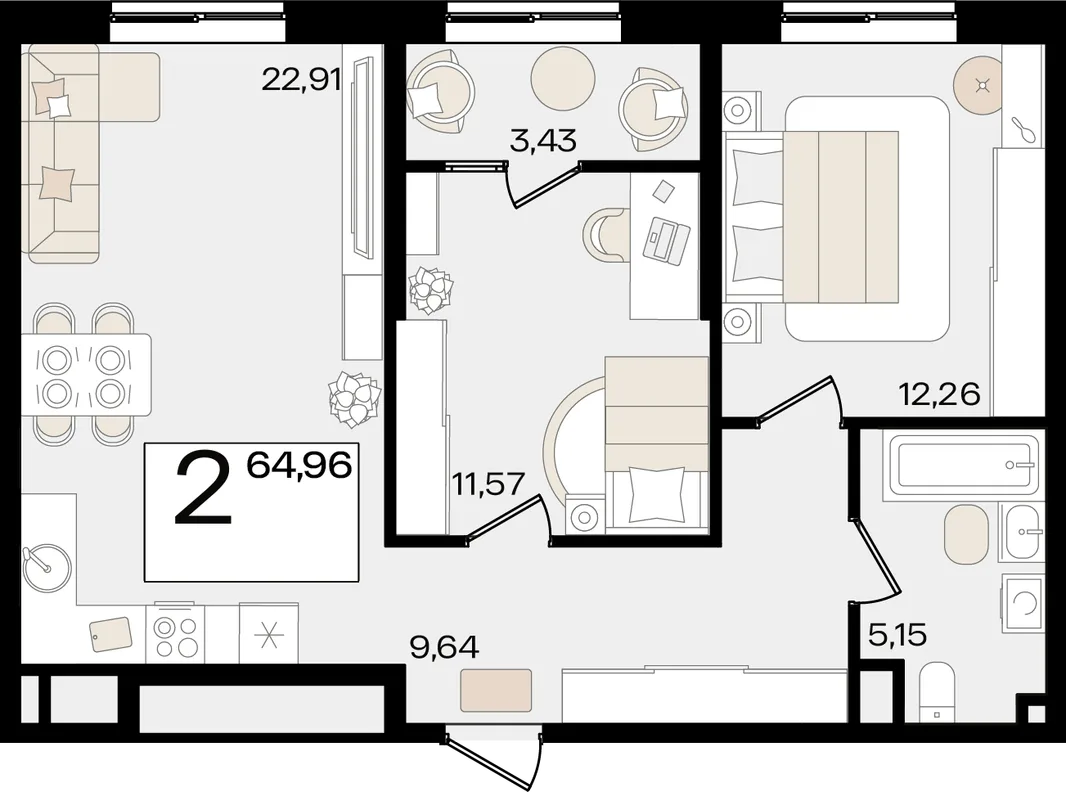 Планировка 2-комн. квартира, 64.96 м² ЖК «Патрики»
