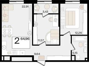 Планировка 2-комн. квартира, 64.96 м² ЖК «Патрики»
