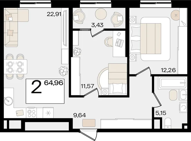 Планировка 2-комн. квартира, 64.96 м² ЖК «Патрики» Планировка 2-комн. квартира, 64.96 м² ЖК «Патрики»