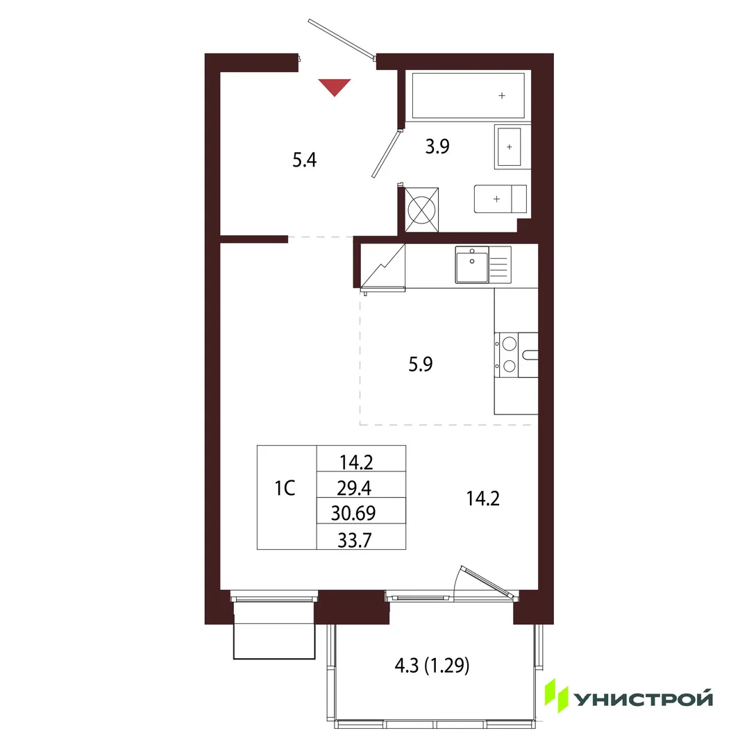 Планировка 1-комн. квартира, 30.69 м² ЖК «Лисино»