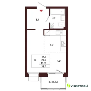 Планировка 1-комн. квартира, 30.69 м² ЖК «Лисино»