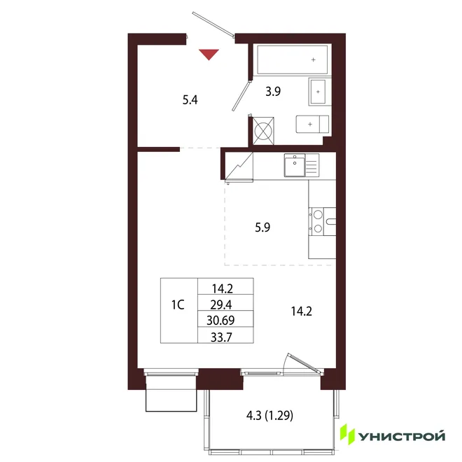 Планировка 1-комн. квартира, 30.69 м² ЖК «Лисино» Планировка 1-комн. квартира, 30.69 м² ЖК «Лисино»