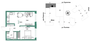 Планировка 2-комн. квартира, 38.54 м² ЖК «Остров-сад»