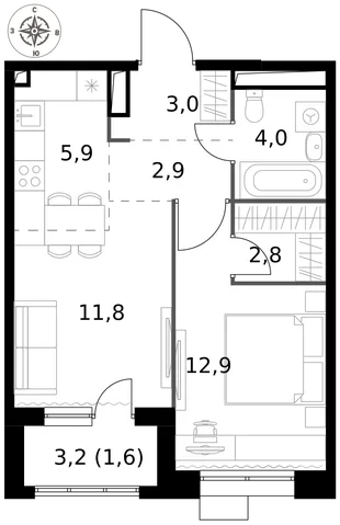 Квартира 2-комн. квартира, 44.9 м² ЖК «1-й Саларьевский» Фото 1 Квартира 2-комн. квартира, 44.9 м² ЖК «1-й Саларьевский» Фото 1