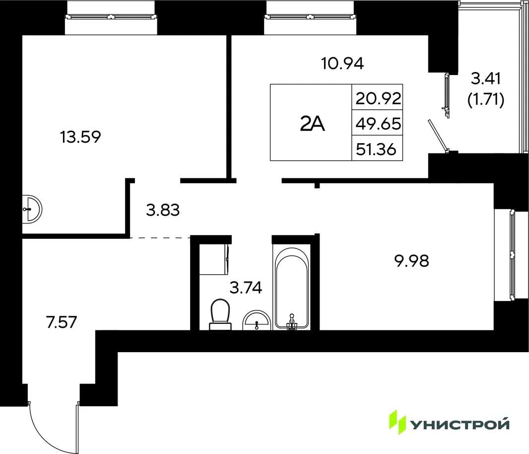Планировка 2-комн. квартира, 51.36 м² ЖК «Царёво City»