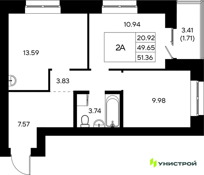 Планировка 2-комн. квартира, 51.36 м² ЖК «Царёво City» Планировка 2-комн. квартира, 51.36 м² ЖК «Царёво City»