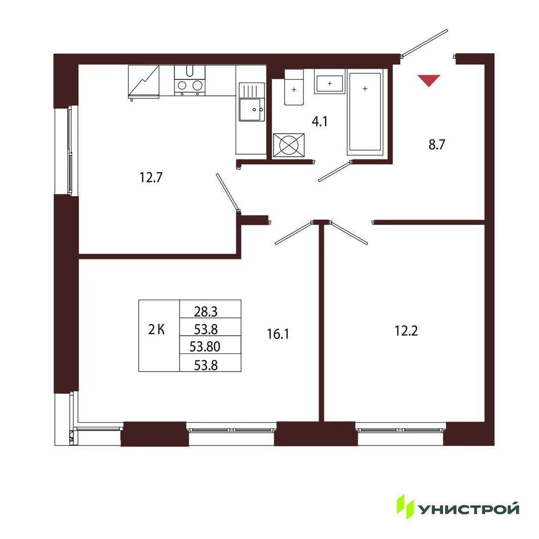 Планировка 2-комн. квартира, 53.8 м² ЖК «Лисино»