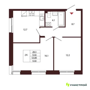 Планировка 2-комн. квартира, 53.8 м² ЖК «Лисино»
