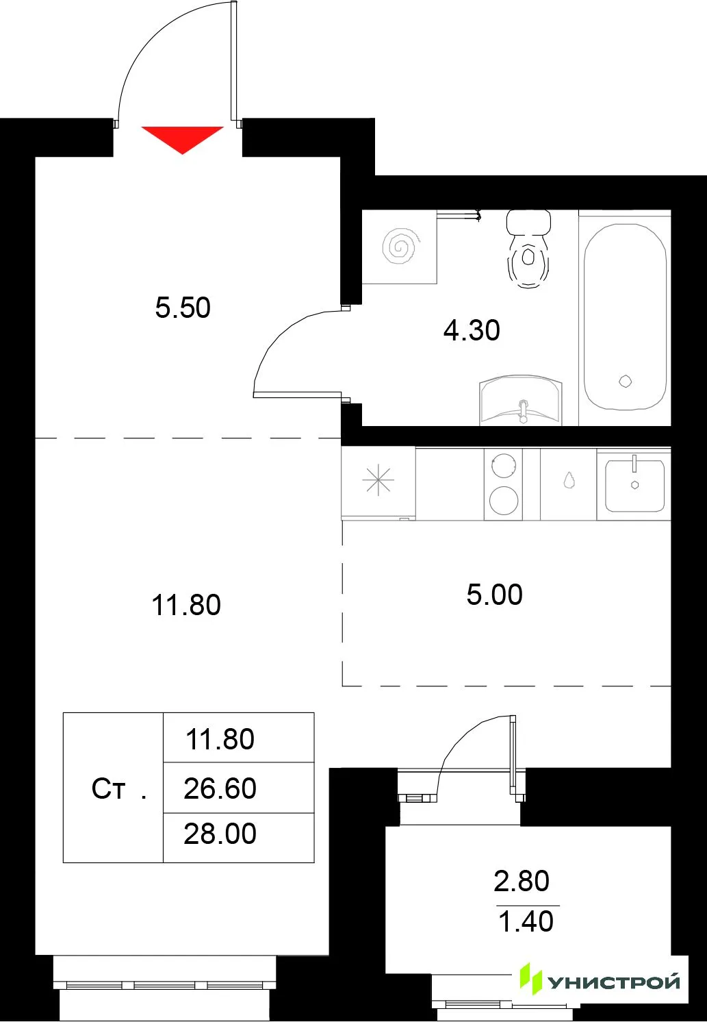 Планировка 1-комн. квартира, 28 м² ЖК «Уникод на Технической»