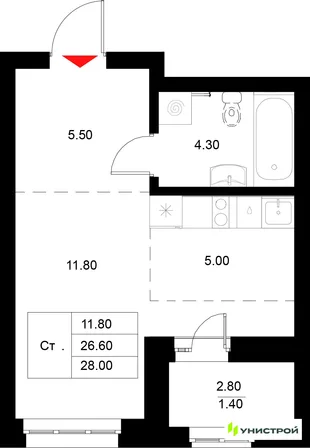 Планировка 1-комн. квартира, 28 м² ЖК «Уникод на Технической»