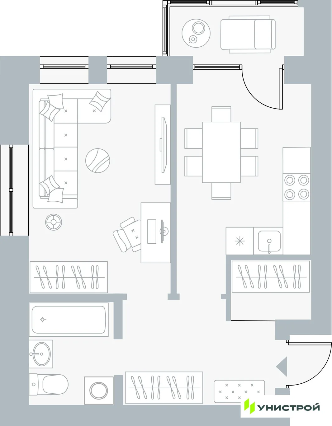 Планировка 1-комн. квартира, 39.91 м² ЖК «Причал»