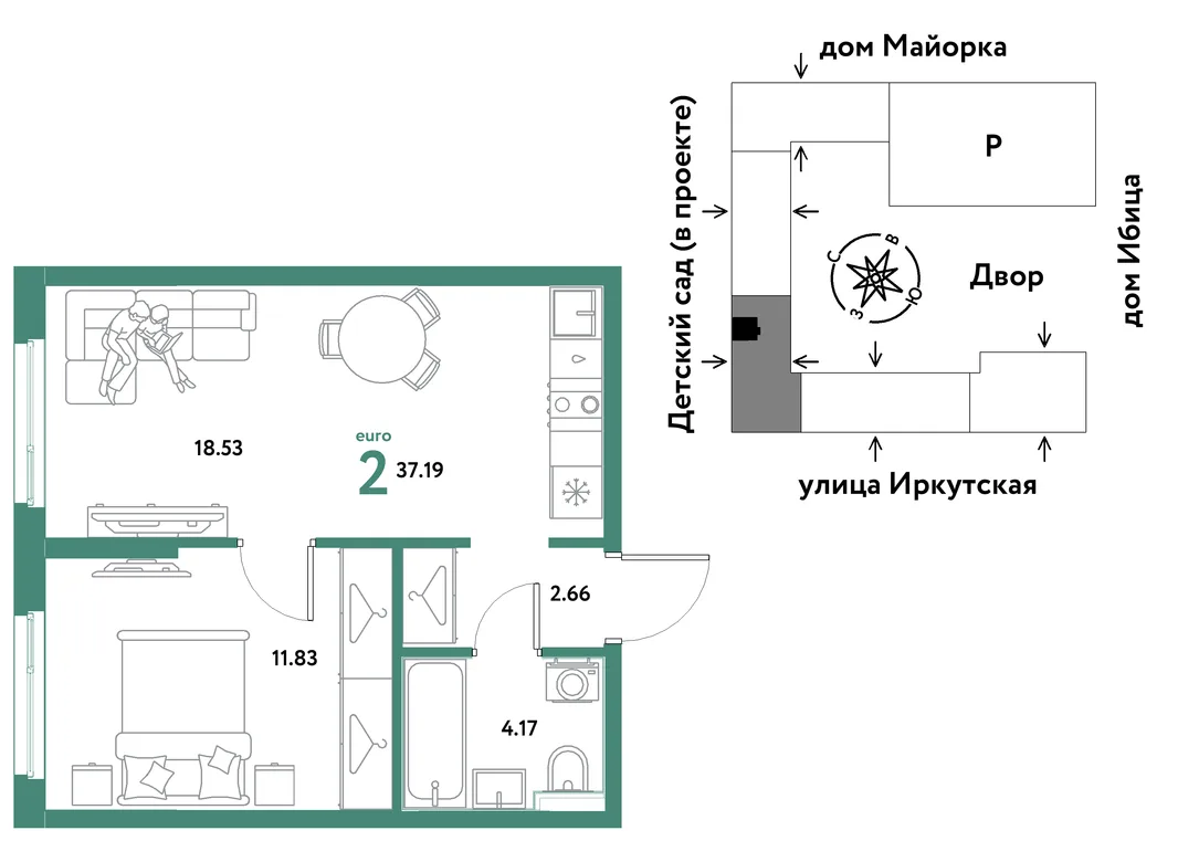 Планировка 2-комн. квартира, 37.19 м² ЖК «Остров-сад»