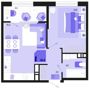 Планировка 1-комн. квартира, 41.4 м² ЖК «Первое место»