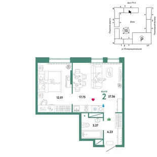 Планировка 2-комн. квартира, 37.36 м² ЖК «Юнион»