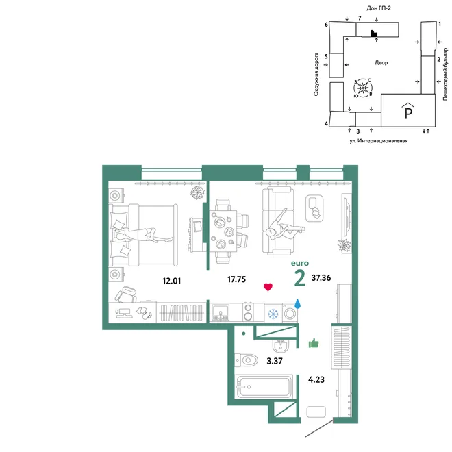 Планировка 2-комн. квартира, 37.36 м² ЖК «Юнион» Планировка 2-комн. квартира, 37.36 м² ЖК «Юнион»