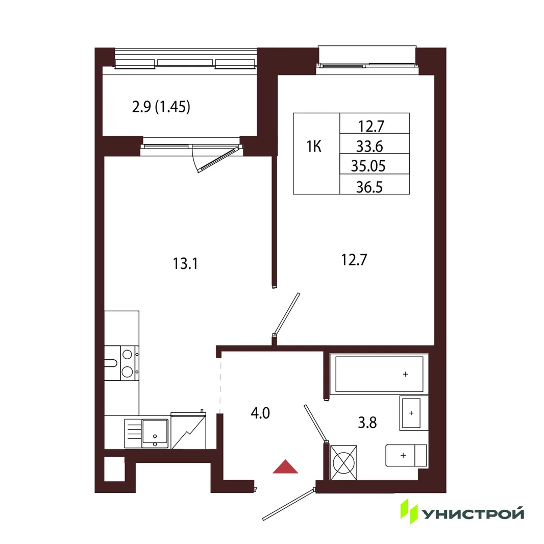 Планировка 1-комн. квартира, 35.05 м² ЖК «Лисино»
