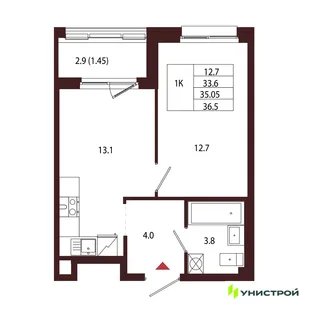 Планировка 1-комн. квартира, 35.05 м² ЖК «Лисино»