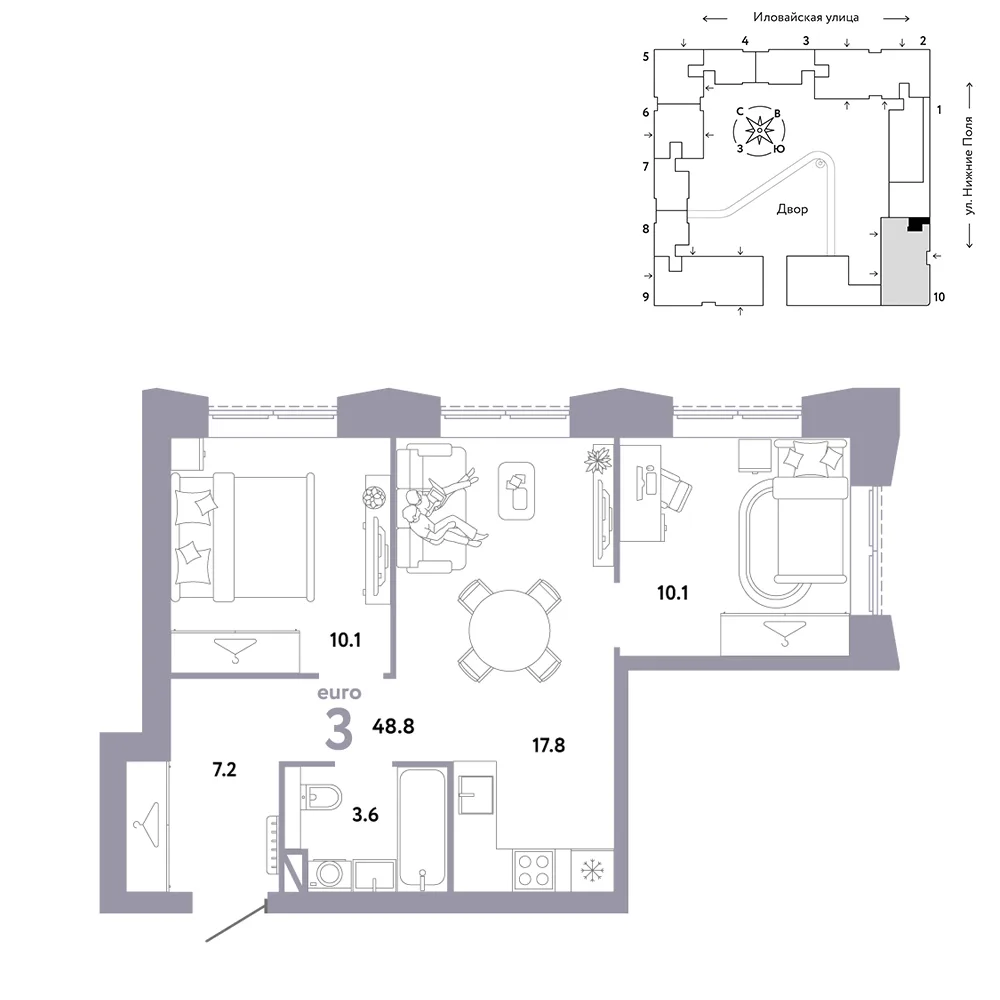 Планировка 3-комн. квартира, 48.8 м² ЖК «Страна.Заречная»