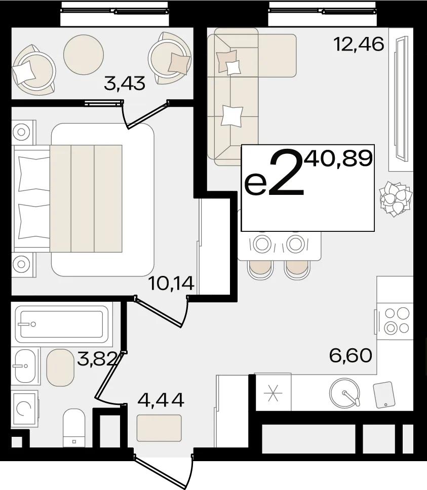 Планировка 2-комн. квартира, 40.89 м² ЖК «Патрики»