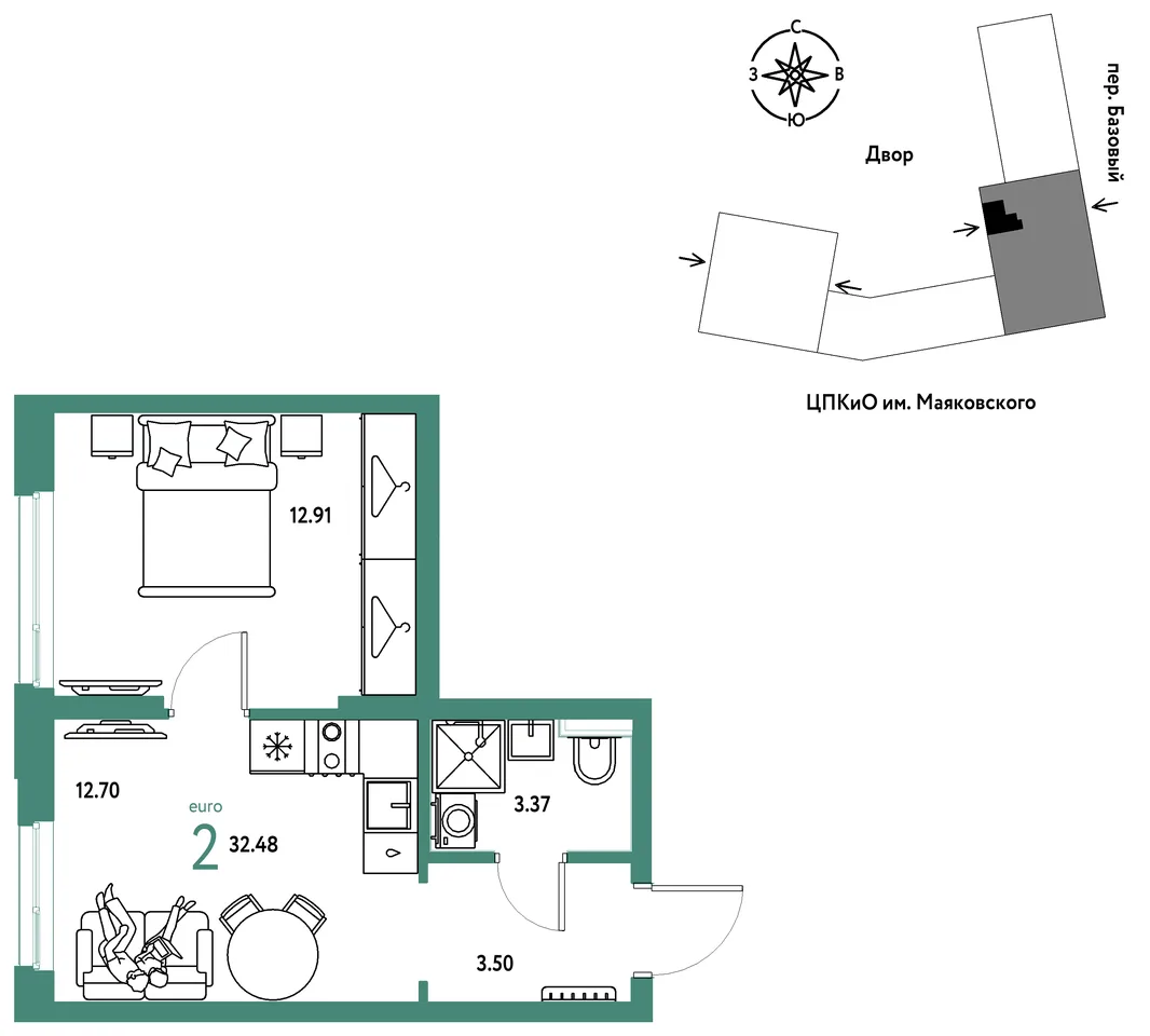 Планировка 2-комн. квартира, 32.48 м² ЖК «Сибирский сад»