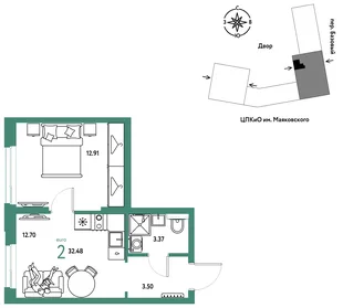 Планировка 2-комн. квартира, 32.48 м² ЖК «Сибирский сад»