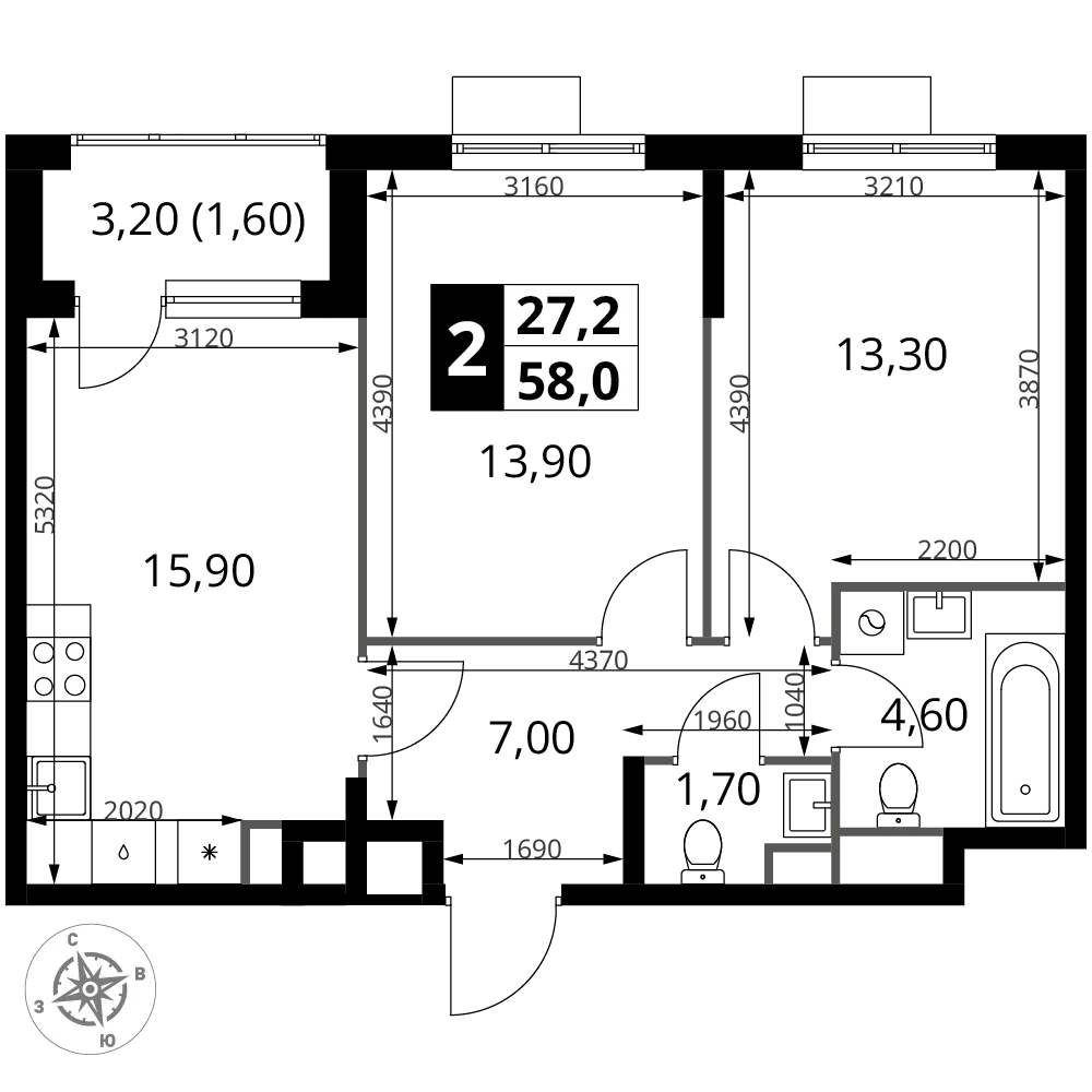 Планировка 2-комн. квартира, 58 м² ЖК «1-й Химкинский»