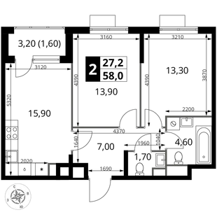 Планировка 2-комн. квартира, 58 м² ЖК «1-й Химкинский»