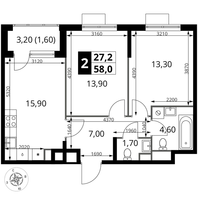 Планировка 2-комн. квартира, 58 м² ЖК «1-й Химкинский» Планировка 2-комн. квартира, 58 м² ЖК «1-й Химкинский»