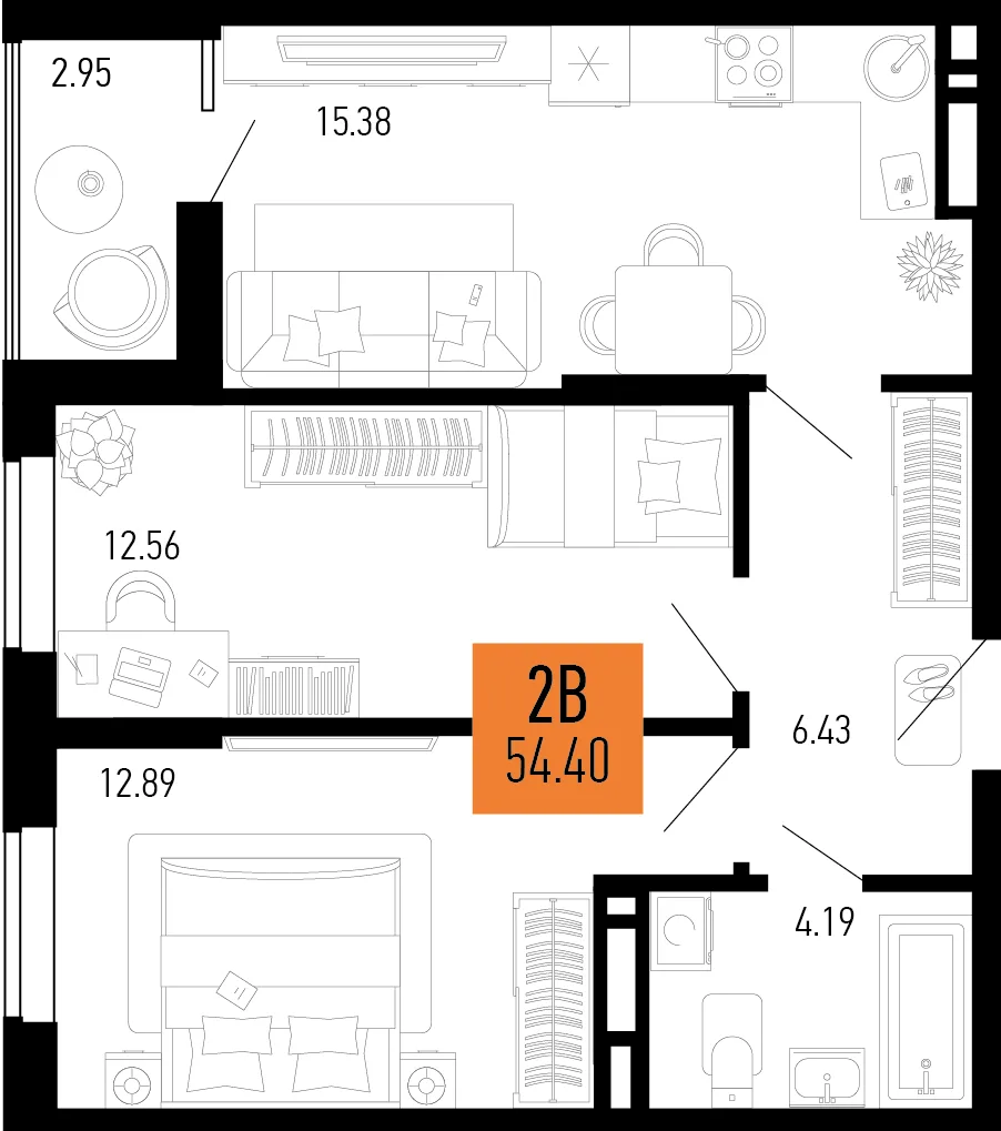 Планировка 2-комн. квартира, 54.4 м² ЖК «Столицыно»
