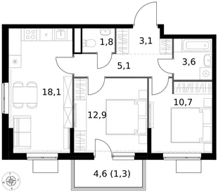 Квартира 2-комн. квартира, 56.6 м² ЖК «1-й Измайловский» Фото 1