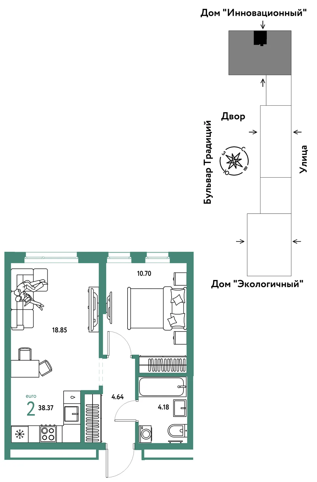 Планировка 2-комн. квартира, 38.37 м² ЖК «Микрорайон Домашний»