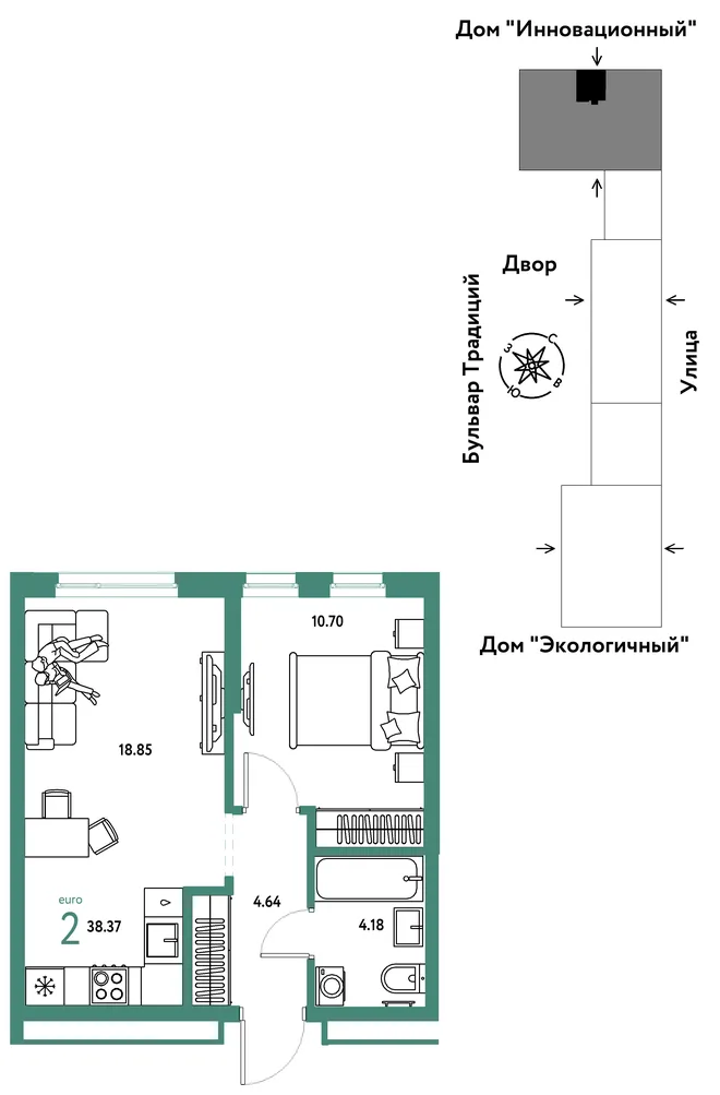 Планировка 2-комн. квартира, 38.37 м² ЖК «Микрорайон Домашний» Планировка 2-комн. квартира, 38.37 м² ЖК «Микрорайон Домашний»