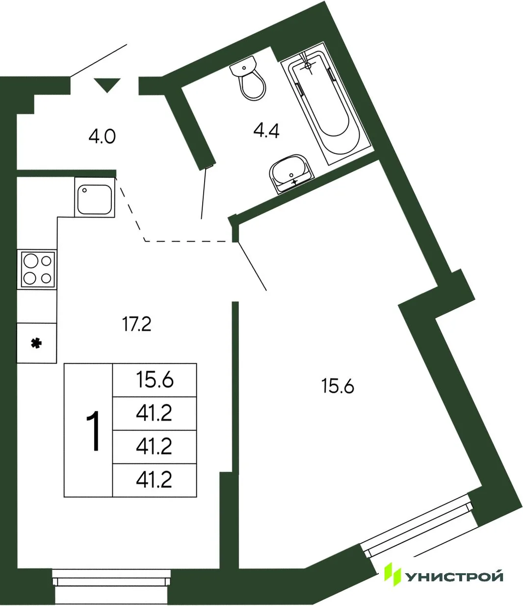 Планировка 1-комн. квартира, 41.2 м² ЖК «Парковый квартал 2.0»