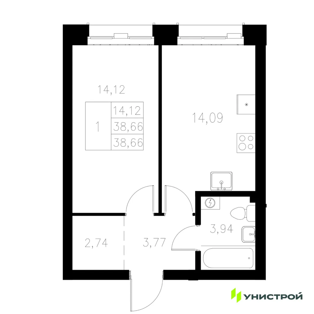 Планировка 1-комн. квартира, 38.66 м² ЖК «Statum»