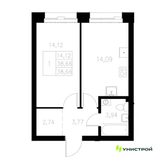 Планировка 1-комн. квартира, 38.66 м² ЖК «Statum»