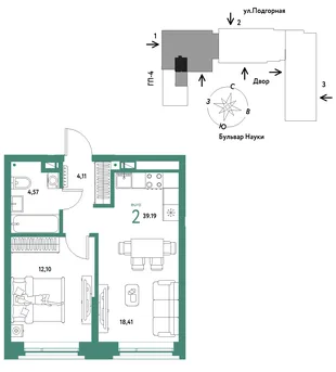 Планировка 2-комн. квартира, 39.19 м² ЖК «Авторский»