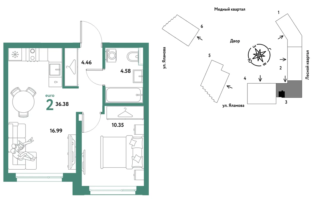 Планировка 2-комн. квартира, 36.38 м² ЖК «Сибирский сад»