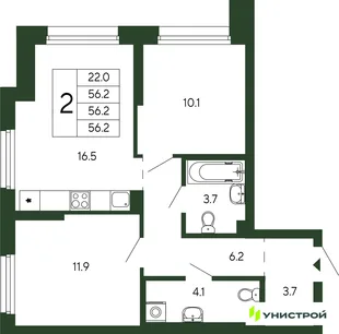 Планировка 2-комн. квартира, 56.2 м² ЖК «Парковый квартал 2.0»