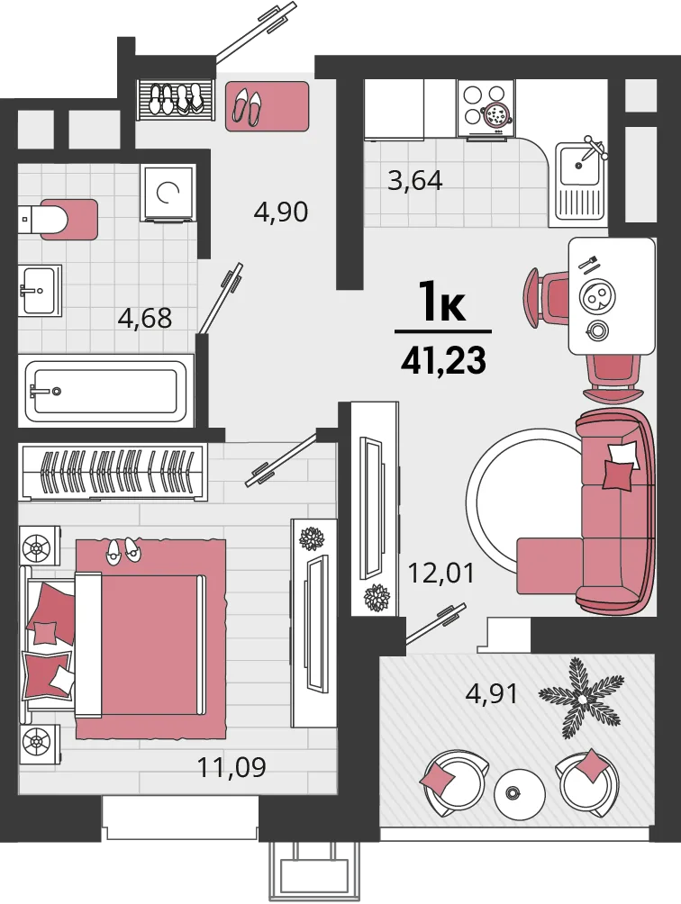 Планировка 2-комн. квартира, 41.23 м² ЖК «Родные просторы»