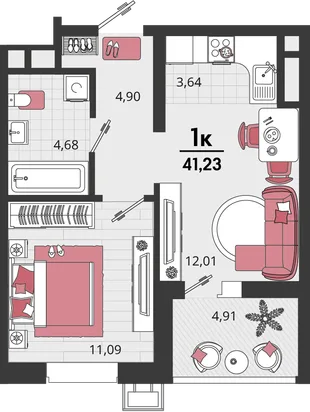 Планировка 2-комн. квартира, 41.23 м² ЖК «Родные просторы»