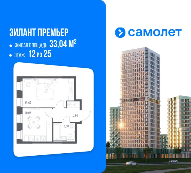 Планировка 1-комн. квартира, 33.04 м² ЖК «Зилант Премьер» Планировка 1-комн. квартира, 33.04 м² ЖК «Зилант Премьер»