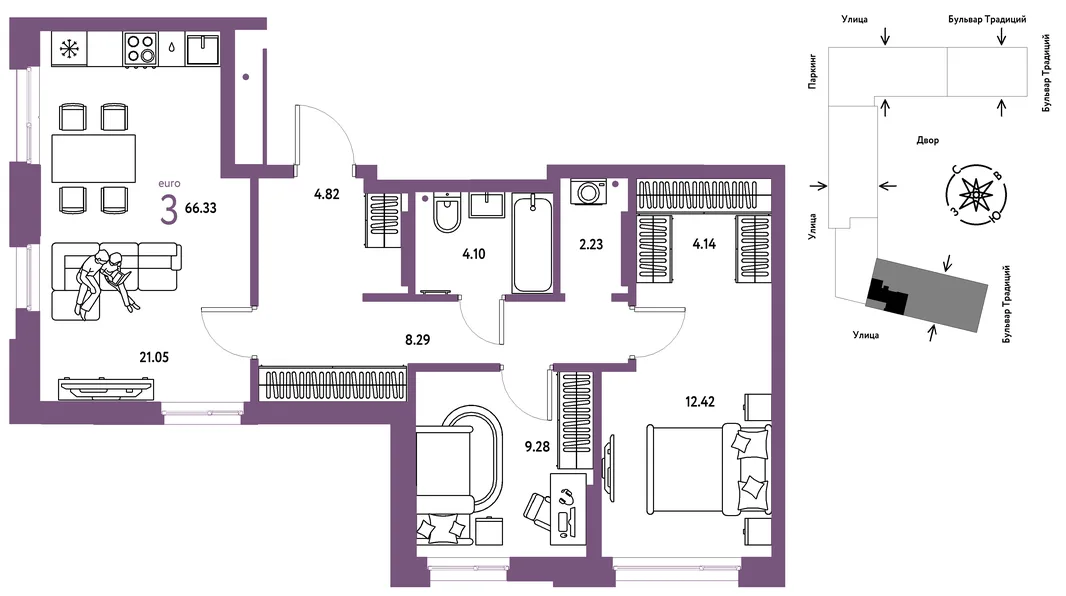 Планировка 3-комн. квартира, 66.33 м² ЖК «Микрорайон Домашний»