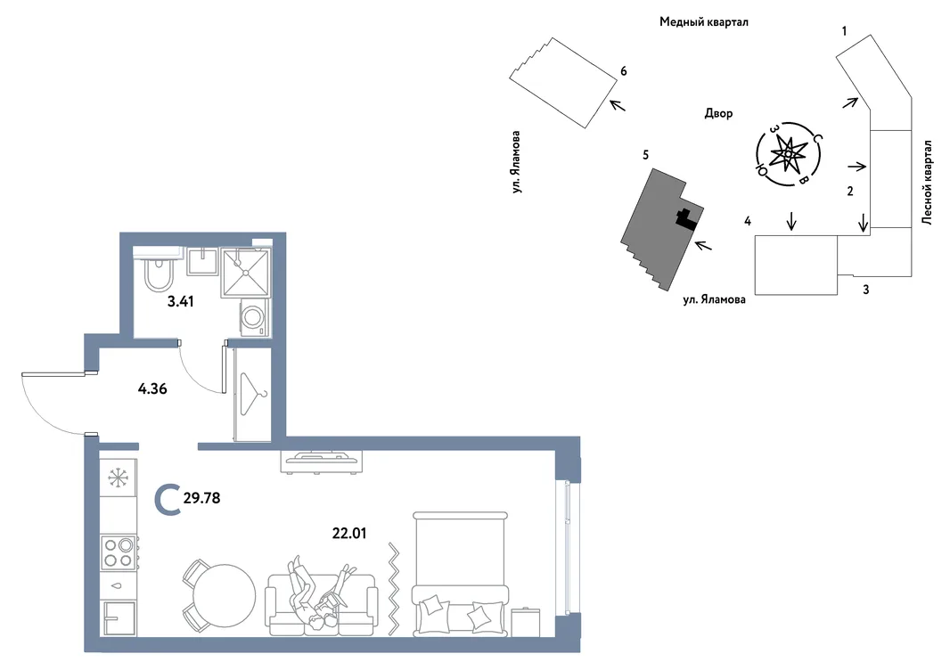 Планировка Студия, 29.78 м² ЖК «Сибирский сад»